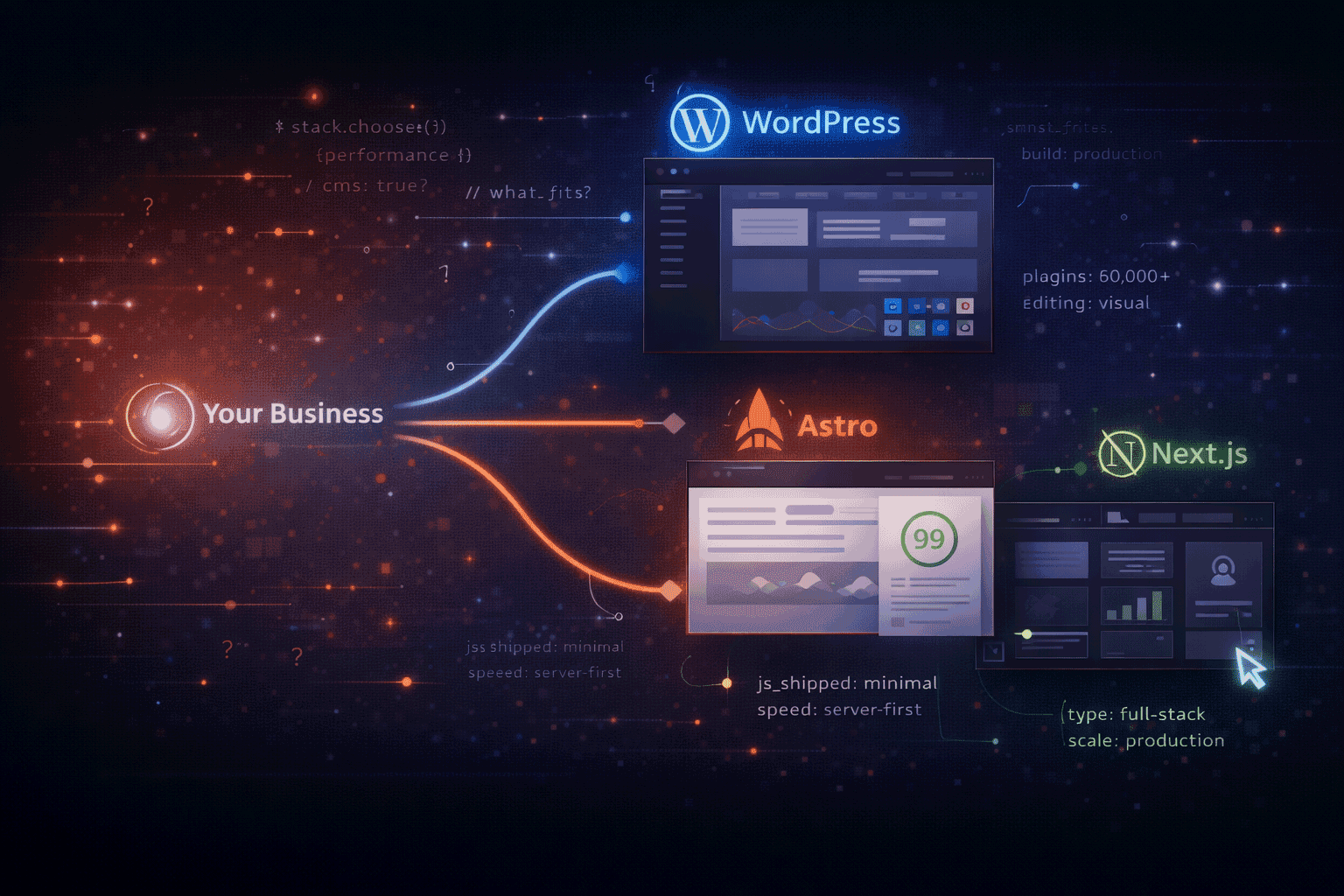 Best tech stack options for small business websites in 2026 including WordPress, Astro, and Next.js