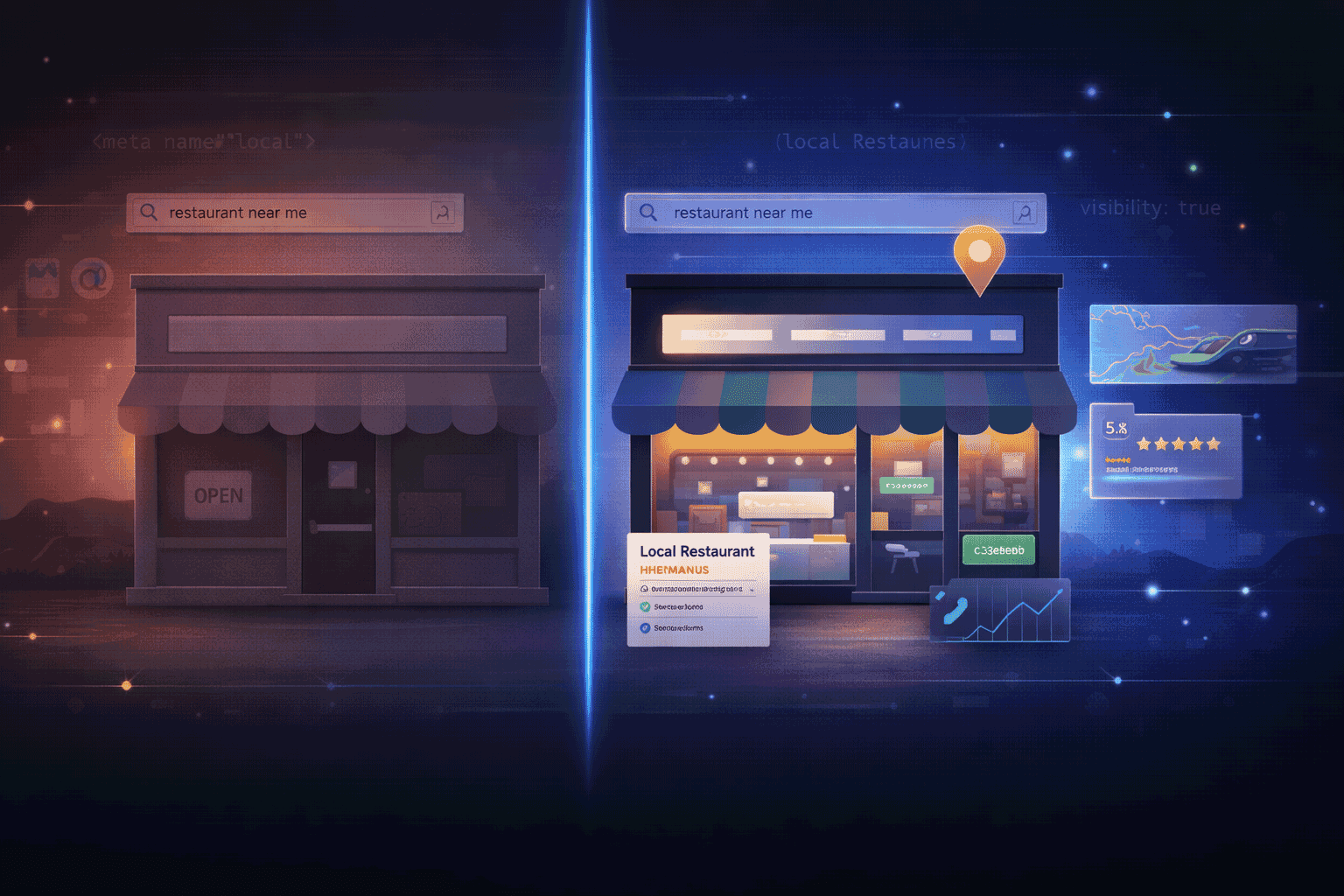 Comparison of a Hermanus business with no online presence versus one with a professional website — showing the difference in visibility, trust, and customer discovery