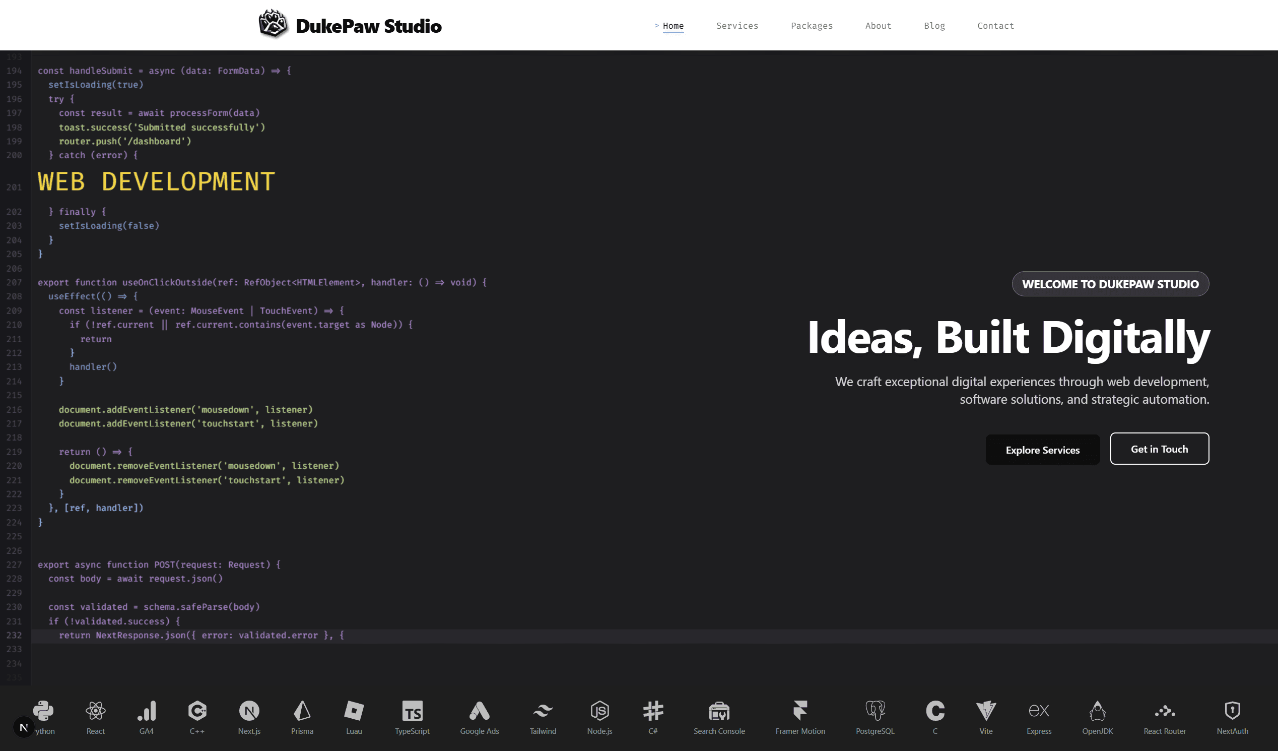 Behind the scenes of building the DukePaw Studio website — code rain animation, full-stack architecture, and premium web development