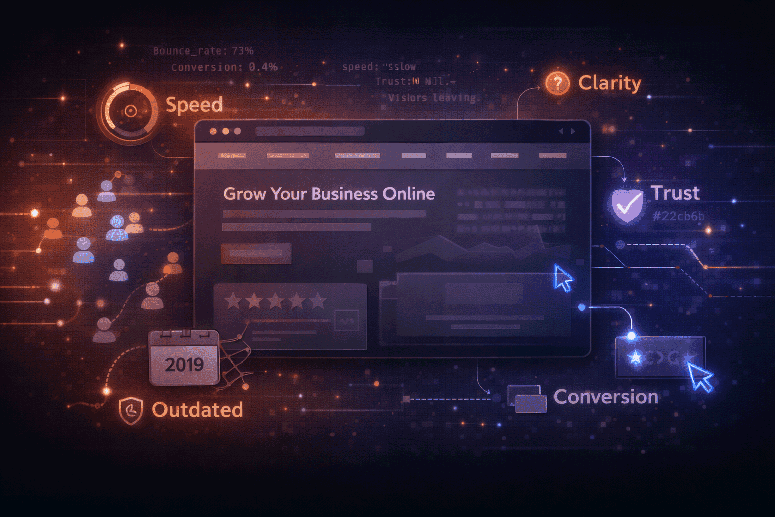 Business website losing customers due to slow speed, unclear messaging, weak trust signals, and poor conversion flow